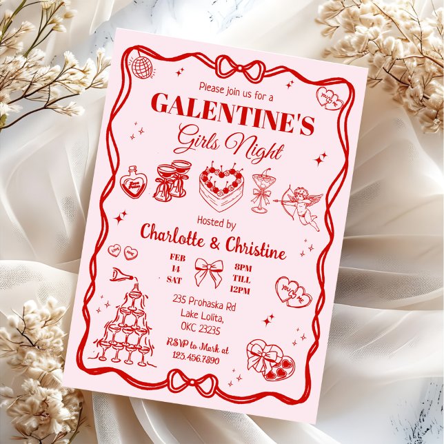 Invitation Fête de Galentine de la Coquette Rouge Soirée Fill (Créateur téléchargé)