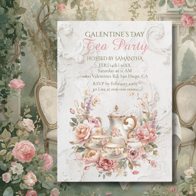 Invitation Fête de Galentine du Thé Floral Rococo Douce Teint (Créateur téléchargé)