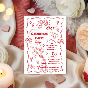 Invitation Fête de Galentine, Galentine des filles dessinée à