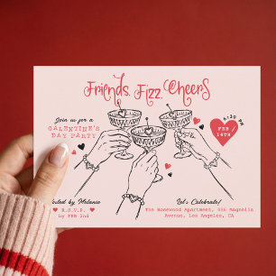Invitation Fête de Galentine Rose Rouge Cocktail Dessiné à la