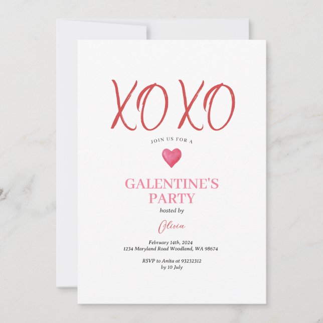 Invitation  Fête de Galentine rose XOXO Saint-Valentin (Devant)