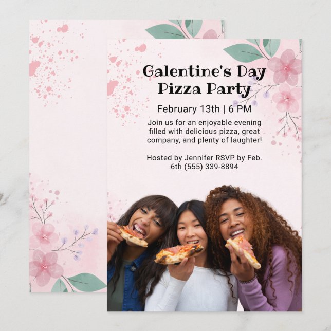 Invitation Fête de Galentine's Day Photo Pizza (Devant / Derrière)