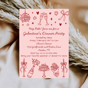 Invitation Fête de Galentines Rose Rouge Dessinée à la Main F