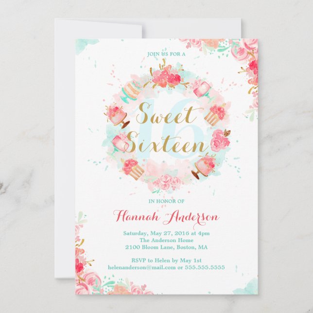Invitation Fête de Gâteau Floral en Or Rose pour S (Devant)