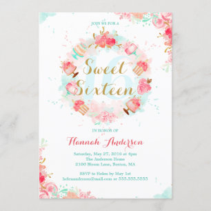 Invitation Fête de Gâteau Floral en Or Rose pour S