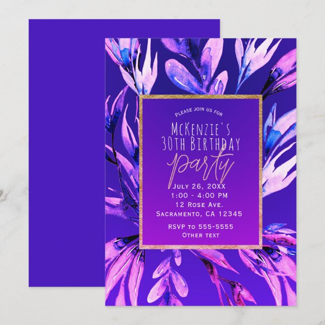 Invitation Fête de glamour botanique aquarelle violet gras et (Devant / Derrière)