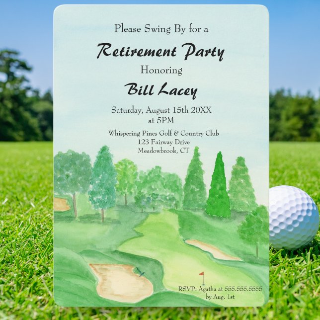 Invitation Fête de golf de retraite Aquarelle terrain de golf (Créateur téléchargé)