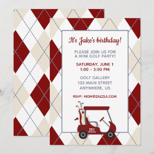 Invitation Fête de golf en argyle rouge et crème