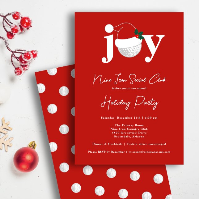 Invitation Fête de golf festive Joy Typography Rouge (Golf meets holiday cheer in bold red and white.)
