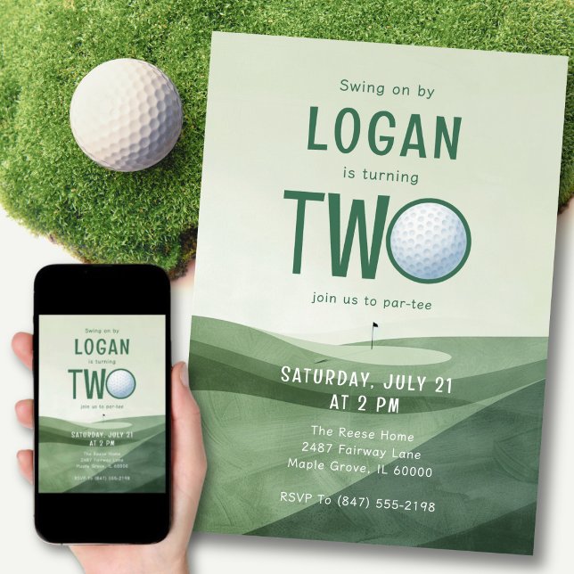 Invitation Fête de golf pour 2e anniversaire aquarelle deux a (A little swing for a big TWO celebration.)
