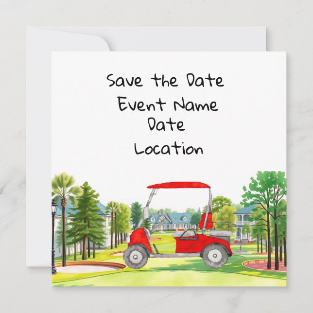 Invitation Fête de golf pour sauver la date avec voiturette d (Devant)