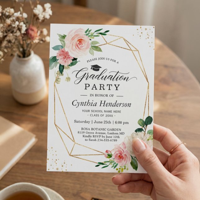 Invitation Fête de graduation 2025 Fille Blush Rose Floral (Créateur téléchargé)