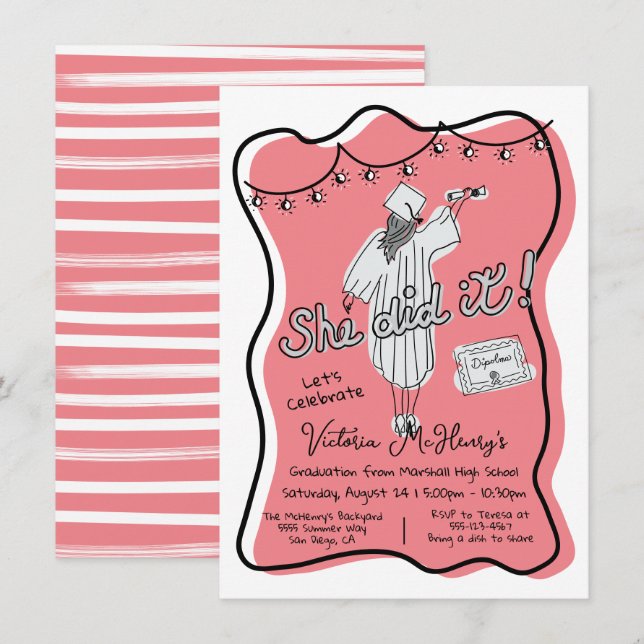 Invitation Fête de graduation à charpente ondulée dessinée à  (Devant / Derrière)