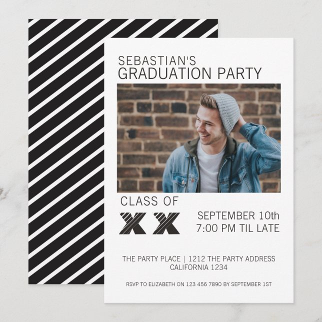 Invitation Fête de graduation à rayures noir et blanc (Devant / Derrière)