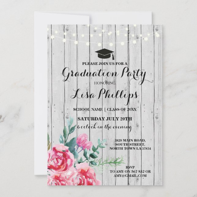 Invitation Fête de graduation Aquarelle Floral Bois Invitatio (Devant)
