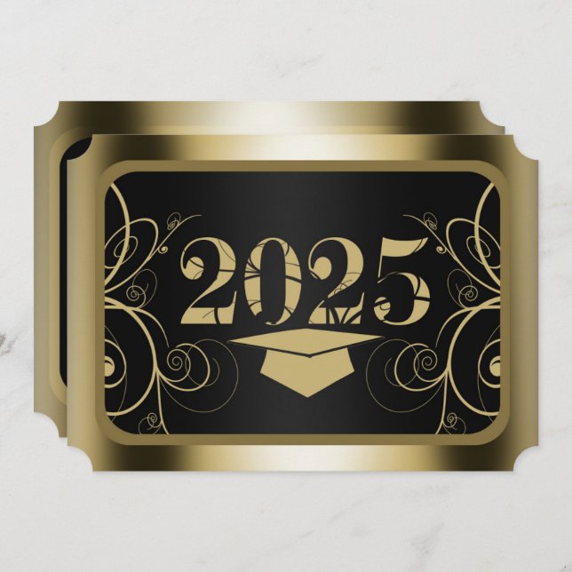 Invitation Fête de graduation Black and Gold Frame (Devant / Derrière)