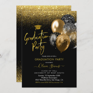 Invitation Fête de graduation Black and Gold Sparkling