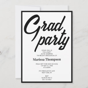 Invitation Fête de graduation Black White Script moderne