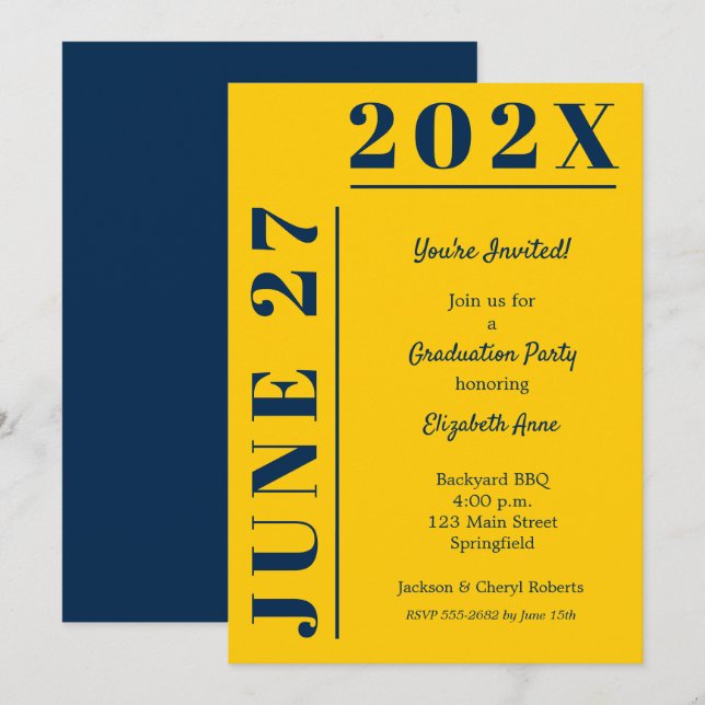 Invitation Fête de graduation bleu et jaune (Devant / Derrière)