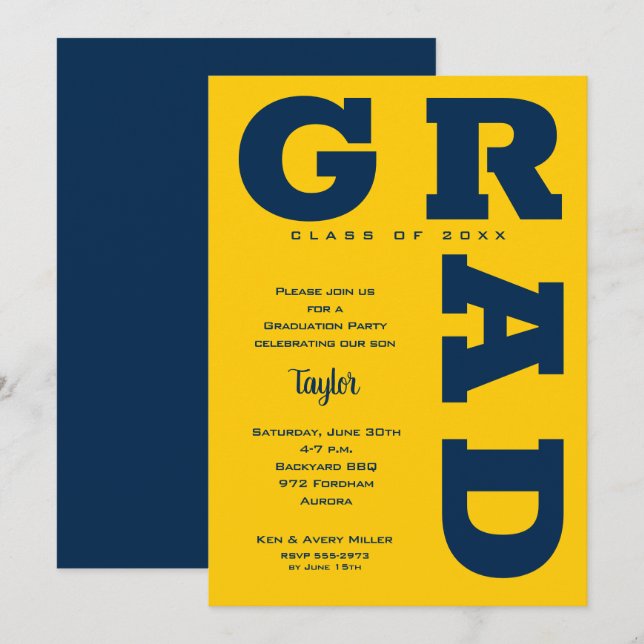 Invitation Fête de graduation bleu et jaune (Devant / Derrière)