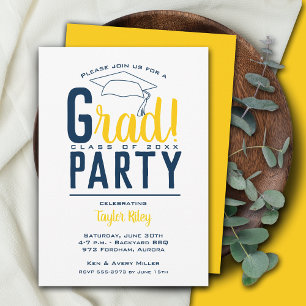 Invitation Fête de graduation bleu et jaune