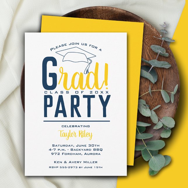 Invitation Fête de graduation bleu et jaune (Créateur téléchargé)