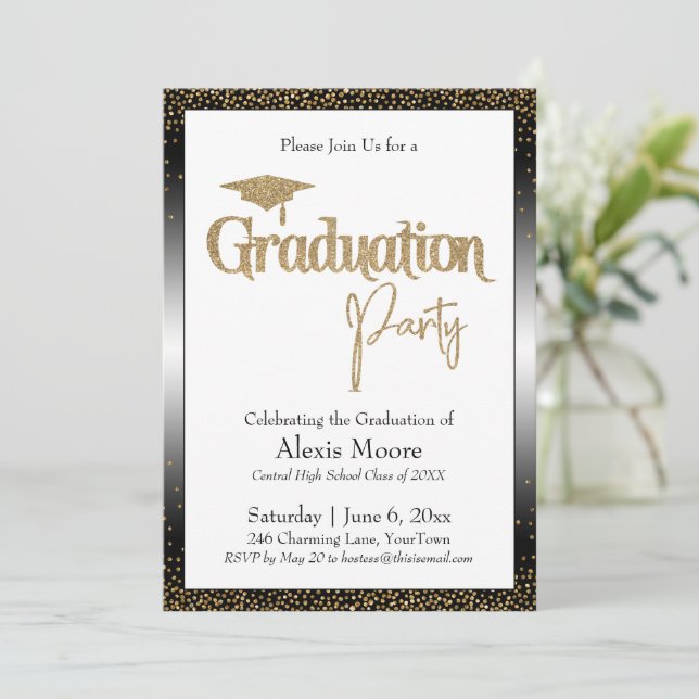 Invitation Fête de graduation Bordée Gold Confetti (Debout devant)