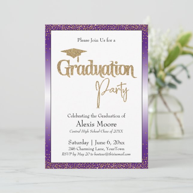 Invitation Fête de Graduation Bright Purple Ombre Gold Confet (Debout devant)
