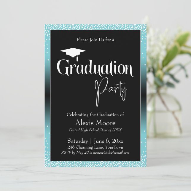 Invitation Fête de graduation brillant Turquoise Ombre Confet (Debout devant)