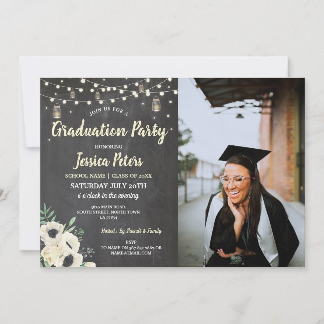 Invitation Fête de graduation Chalk Jars Fireflies rustiques  (Devant)