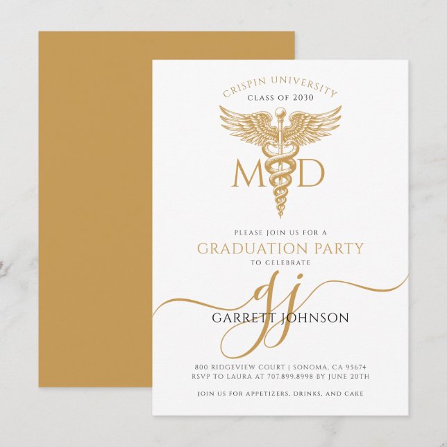 Invitation Fête de graduation de doctorat Gold MD moderne (Devant / Derrière)