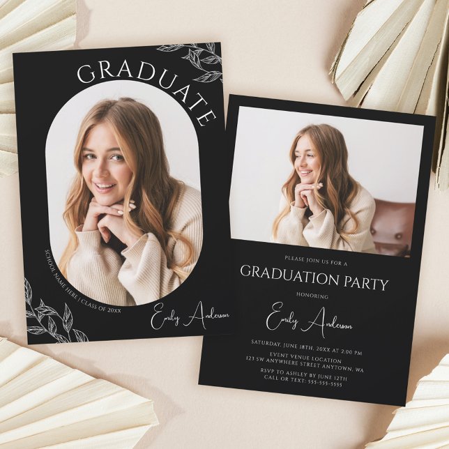 Invitation Fête de graduation de la feuille moderne noir 2 ph (Créateur téléchargé)