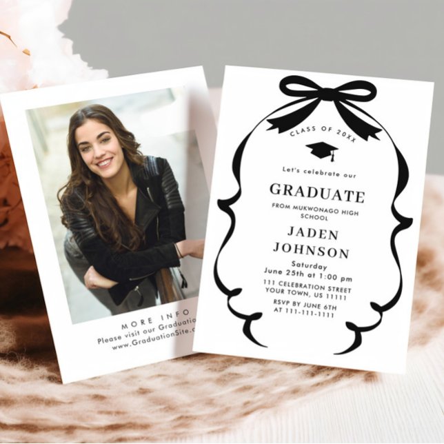 Invitation Fête de graduation de la marque Black Bow Ribbon (Créateur téléchargé)