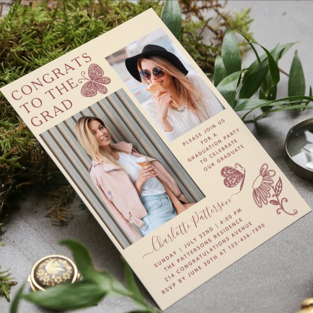 Invitation Fête de graduation de la photo de papillon rose cr (Créateur téléchargé)