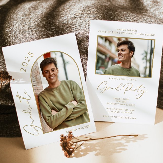 Invitation Fête de graduation de la photo d'or blanc moderne (Créateur téléchargé)