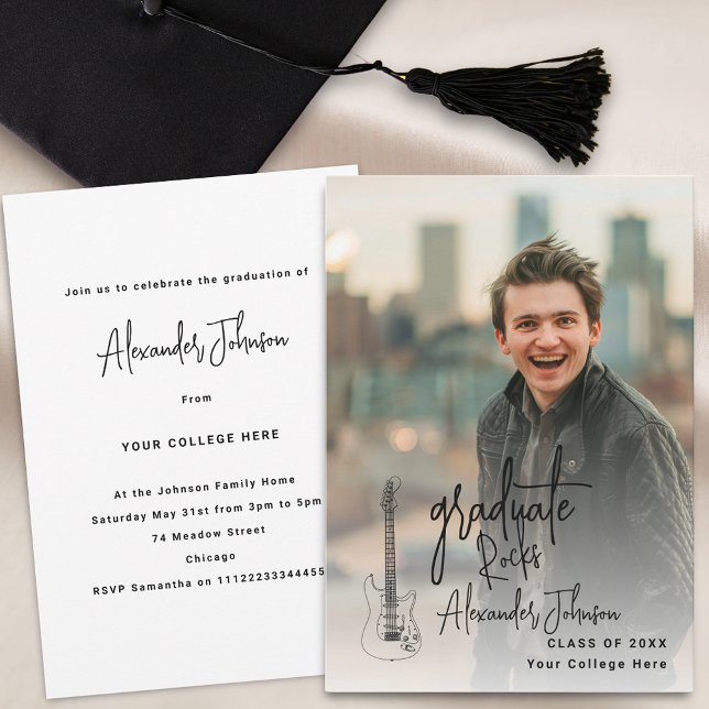 Invitation Fête de graduation de la photo verticale (Modern trendy vertical photo rock music Graduation party invitation)