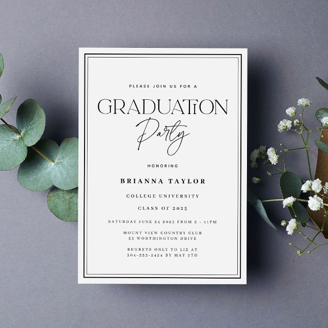 Invitation Fête de graduation de la typographie noire blanche (Créateur téléchargé)