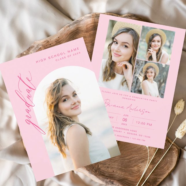 Invitation Fête de graduation de l'arc rose chaud moderne (Créateur téléchargé)