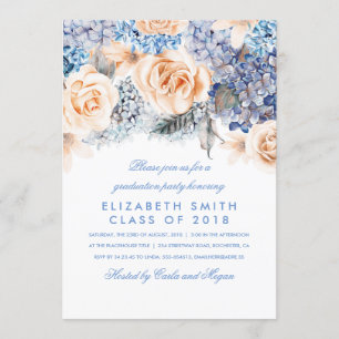 Invitation Fête de graduation des fleurs d'aquarelle bleu et