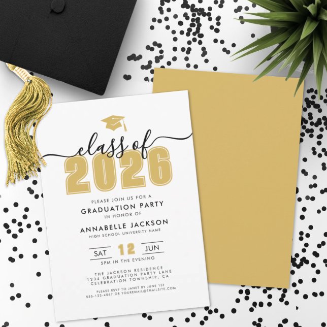 Invitation Fête de graduation d'or moderne simple (Simple Modern Gold Graduation Party Invitation)