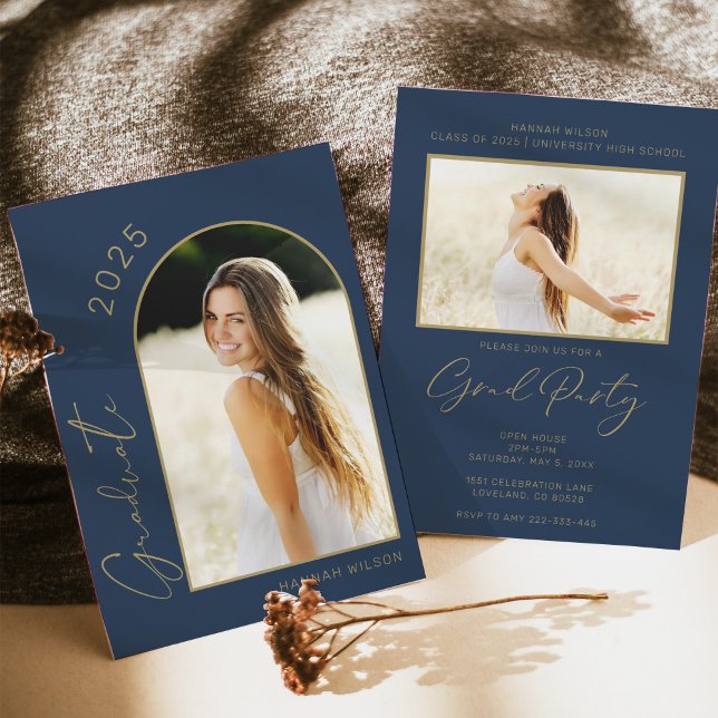 Invitation Fête de graduation en bleu de la marine d'arc mode (Créateur téléchargé)