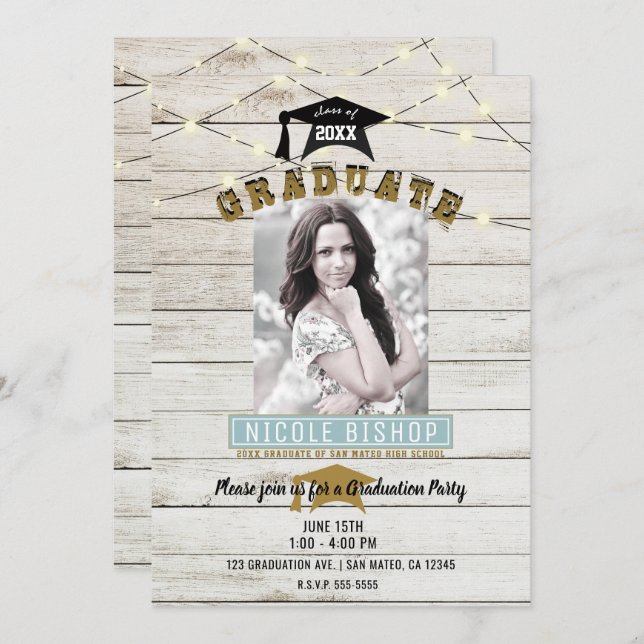 Invitation Fête de graduation en dentelle de bois blanc (Devant / Derrière)