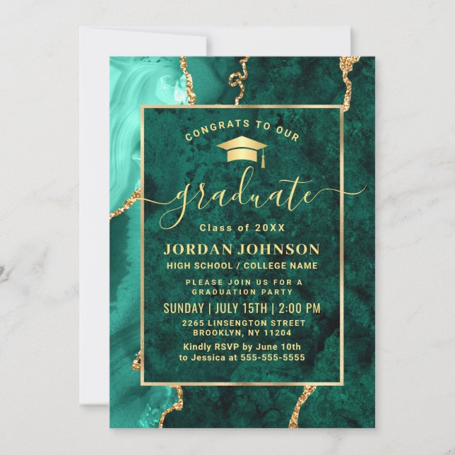 Invitation Fête de graduation en marbre vert émérite d'or mod (Devant)
