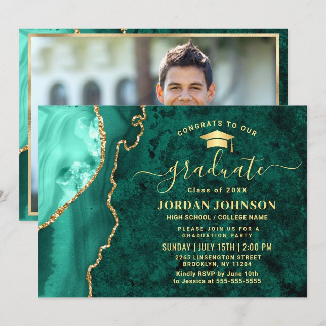 Invitation Fête de graduation en marbre vert émérite d'or mod (Devant / Derrière)