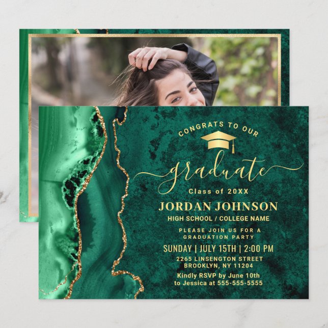Invitation Fête de graduation en marbre vert émérite d'or mod (Devant / Derrière)