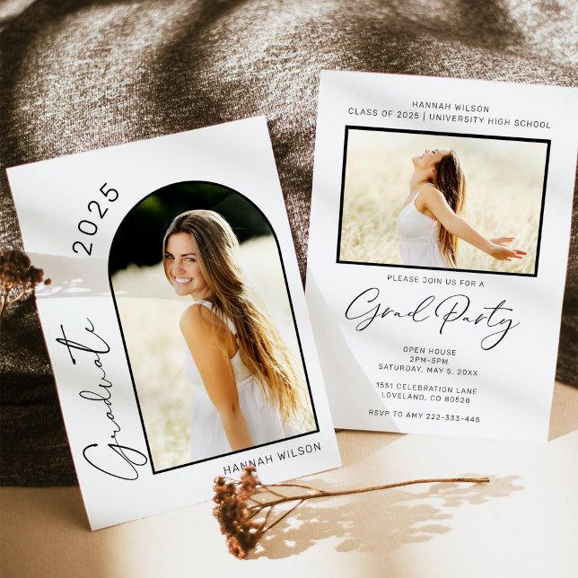 Invitation Fête de graduation en noir et blanc Arc moderne (Créateur téléchargé)