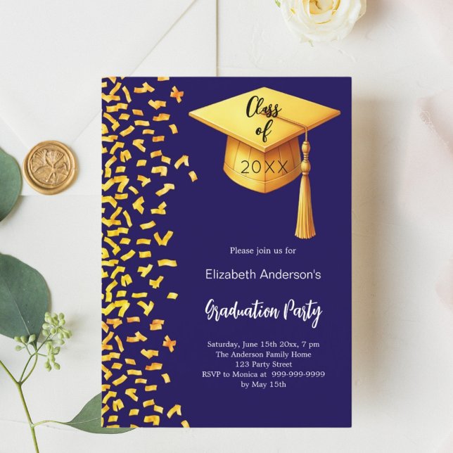 Invitation Fête de graduation en or bleu foncé confetti (Créateur téléchargé)
