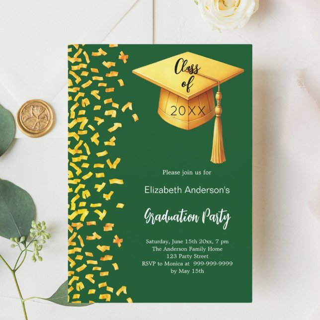 Invitation Fête de graduation en or vert confetti (Créateur téléchargé)