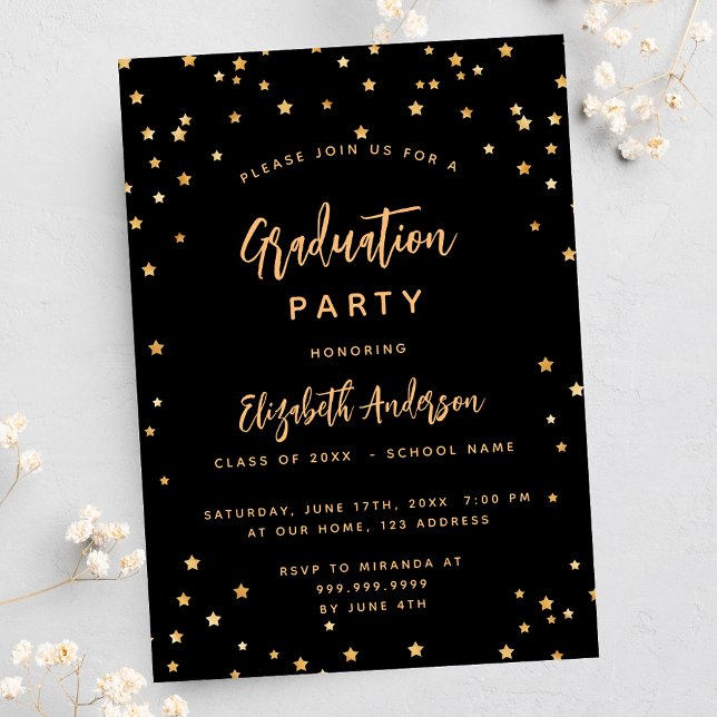 Invitation Fête de graduation étoiles d'or noir (Créateur téléchargé)