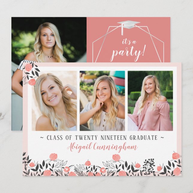 Invitation Fête de graduation Floral Rose géométrique Gold Bl (Devant / Derrière)